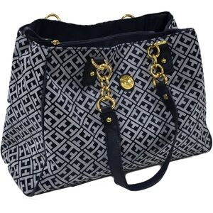 Tommy Hilfiger Monogram Tote Bag Black & White Gold Chain Shoulder Bag
